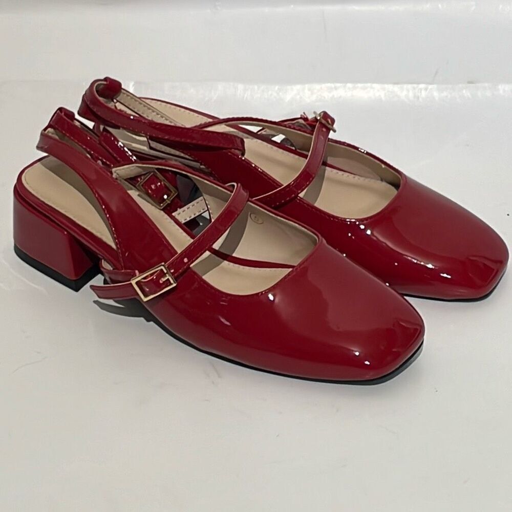 Coutgo Women's Red Patent Square Toe Block Heel Sling Back Pumps Size 5